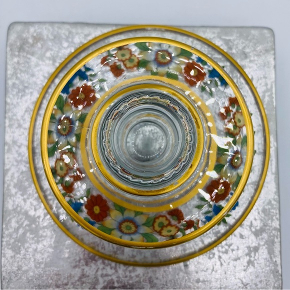 Vintage Clear Glass Candle Holder Multi/Color Floral Design Accented With Gold - Picture 3 of 8